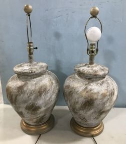 Pair of Large Pottery Distressed Urn Lamps