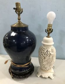 Large Purple Ceramic Vase Lamp and White Ceramic Floral Lamp