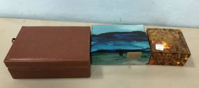 Art Glass Box, Tortoise Style Box, and Leather Book Box