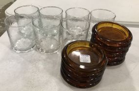 Vintage Amber Glass Coasters and 7 Wavy Glass Tumblers