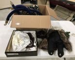 Box Lot of Hand Bags, Pillow, Santa Clause Dolls, and Velvet Divider Ropes