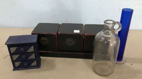 Modern Storage Boxes, Clear Glass Jug, Blue Vase, and Modern Jewelry Box