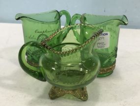 Three Green Flashed Souvenir Glass Pitchers