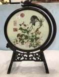 Chinese Hand Embroidered Silk Birds Double Sided Convex Glass Table Screen