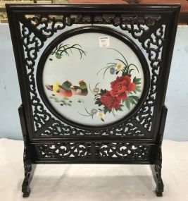 Chinese Hand Embroidered Silk Birds Double Sided Convex Glass Table Screen