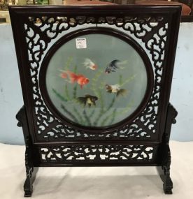 Chinese Hand Embroidered Silk Gold Fish Double Sided Convex Glass Table Screen