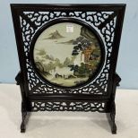 Chinese Hand Embroidered Silk Landscape Double Sided Convex Glass Table Screen