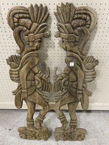 Pair of Mezo Aztec Wood Carved Figural Wall Plaques