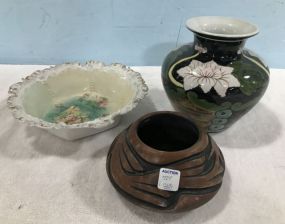 Antique Porcelain Bowl, Modern Hand Painted Porcelain Vase, and Tribal Style Pottery Vase