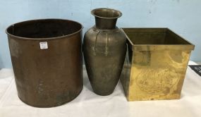 Vintage Copper Bucket, Brass Urn, and Brass Planter Container