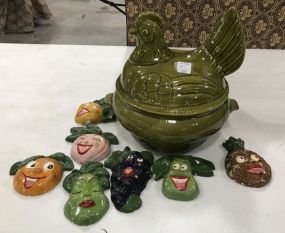 Green Ceramic Rooster Tureen and Signed Ceramic Wall Fruit Plaques