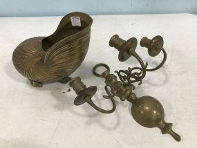 Vintage Brass Footed Shell and Brass Candle Sconce