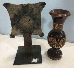 Carved Wood Vase and Rustic Decorative Plaque