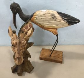 Giraffe Resin Bust and Wood Bird Statue