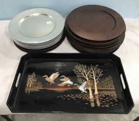 Group of Lacquer Ware Silver Chargers, Wood Chargers, and Black Handled Serving Tray