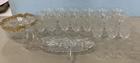 Group of Etched Stemware Glasses, Banana Glass Tray, Jar, Gold Rimmed Bowl