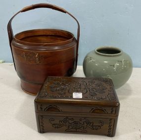 Oriental Decorative Storage Bucket, Box, and Glazed Chinese Vase
