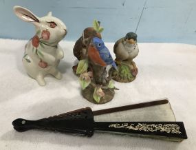Three Andrea Bird Ceramic Figurines, Decorative Fan, and Gail Pittman Rabbit
