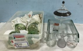 Glass Stand, Compote, Pitcher, Jar, Cups, Four Balls, and Deer 3-D Plaque
