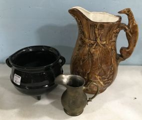 Hand Painted Greyhound Pottery Pitcher, Black Glass Footed Pot, and Brass Pitcher
