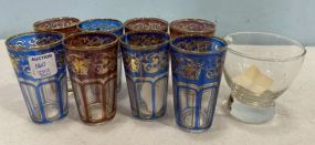 Set of Eight Bohemian Style Cups and Clear Glass Creamer