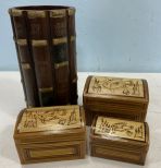 Faux Book Cylinder Vase and Three Wood Fish Boxes
