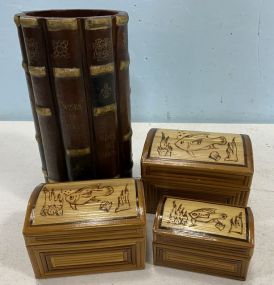 Faux Book Cylinder Vase and Three Wood Fish Boxes