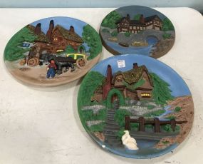 Three Ceramic Hand Painted 3-D Wall Plates