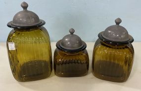 Three Green Glass Cannister Jars