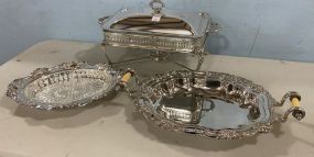 Silver Plate Casserole Stand, Silver Plate Divided Dish, Birmingham Silver Co. Handled Tray