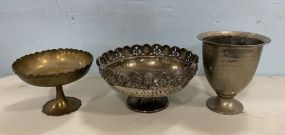 Ornate Cherub Silver Plated Fruit Compote, Brass India Compote, and Metal Decorative Vase