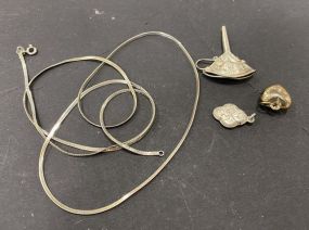 Sterling Necklace, Sterling Trumpet Pendant, Small Pendant, and Non Marked Apple
