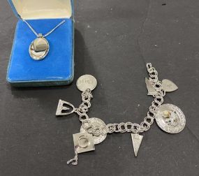 Silver Tone Charm Bracelet and Silver Locket Necklace