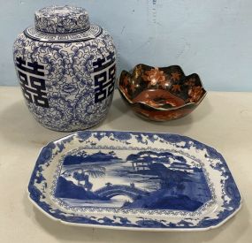 Blue and White Chinese Ginger Jar, Platter, and Chinese Painted Flower Bowl