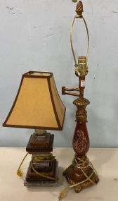 Wood Stack Style Lamp and Swing Arm Red and Gold Footed Lamp