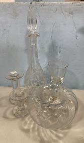 Glass Decanter, Cups, Candle Holders