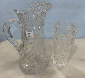 Etched Glass Glass Pitcher and Pressed Glass Vase