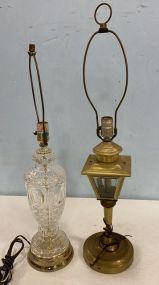 Pressed Glass Vase Lamp and Brass and Wood Lantern Lamp