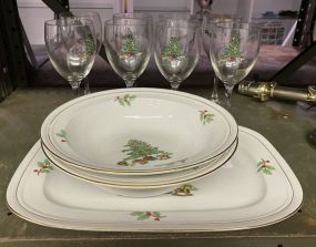 Christmas Stemware and Porcelain Bowls and Platter