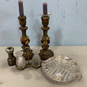 Vintage Candle Holders, Silver Plate Dish, Salt & Pepper Holders