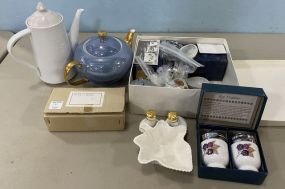 Porcelain Pitcher, Group of Egg Coddlers, Salt and Pepper, and Leaf Dish