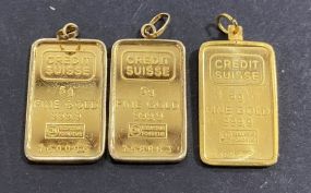 Three 1979 Credit Suisse 5g Gold Bar Pendants