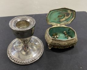 Weighted Sterling Candle Holder, Metal Trinket Box with Two Pair of Vintage Pearl Earrings