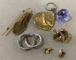 Three Pair of Earrings, Keychain, Two Gold Tone Brooches