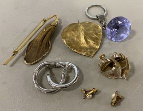Three Pair of Earrings, Keychain, Two Gold Tone Brooches
