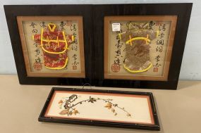 Two Framed Oriental Doll Clothes and Pressed Style Bird on Limb