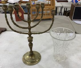 Brass Candelabra and Crystal Glass Flower Vase