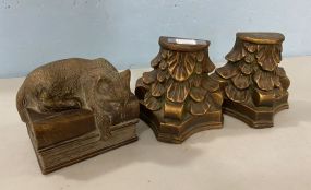 Pair of Vintage Metal Bookends and Metal Cat on Books