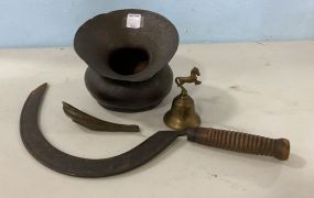 Antique Hand Blade, Small Spittoon, Brass Bell.