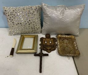 Two Decorative Throw Pillows, Small Gold Gilt Frame, and Shield Light Switch Cover, Florentine Tray
